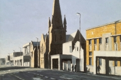 Sondagmiddag, Oxfordstraat, Oos-London", oil on canvas, 30x30cm.